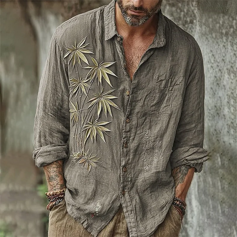 جديد الرجال قميص طويل الأكمام قميص كتان خمر زهرة التوضيح عادية فضفاض عالية الجودة الرجال هريرة الملابس