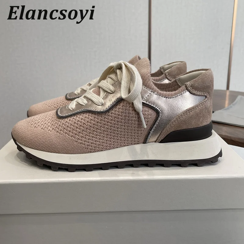 Sneakers Women String Bead Knit Breathable Casual Shoes Mixed Color Lace Up Flat Shoes Spring Autumn Thick Bottom Daddy Shoes