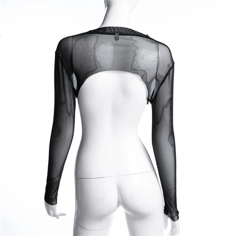 T-shirt sem costas pura de malha transparente para mulheres, renda super curta, manga longa, tops sexy, roupas bodycon club