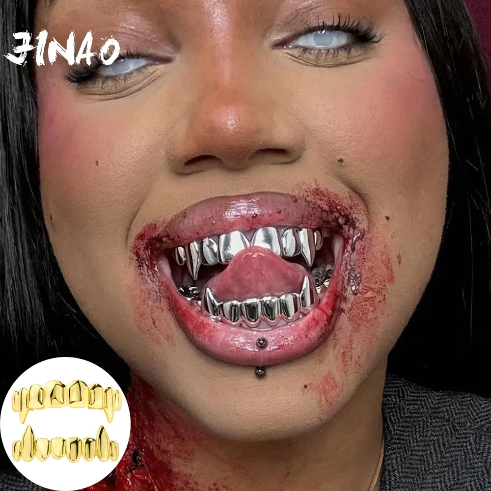 JINAO Hip Hop Smooth surface Thickened Fang Teeth Grillz set Men Women Top&Bottom shinny vampire Grill Punk Rapper Christmas