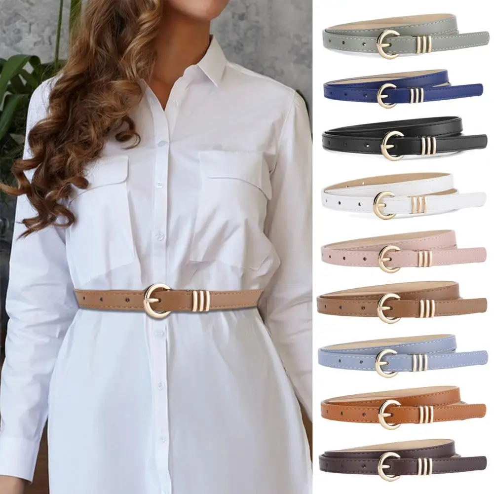 Solid Color Dress Belt Adjustable Faux Leather Women's Belt with Alloy Round Buckle Stylish Thin Casual Jeans Accessory Women