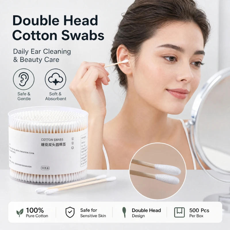 500/1000pcs Round Headed Cotton Swabs Double Headed Women Makeup Cotton Buds for Wood Sticks Nose Ears Cleaning Health Care Tool