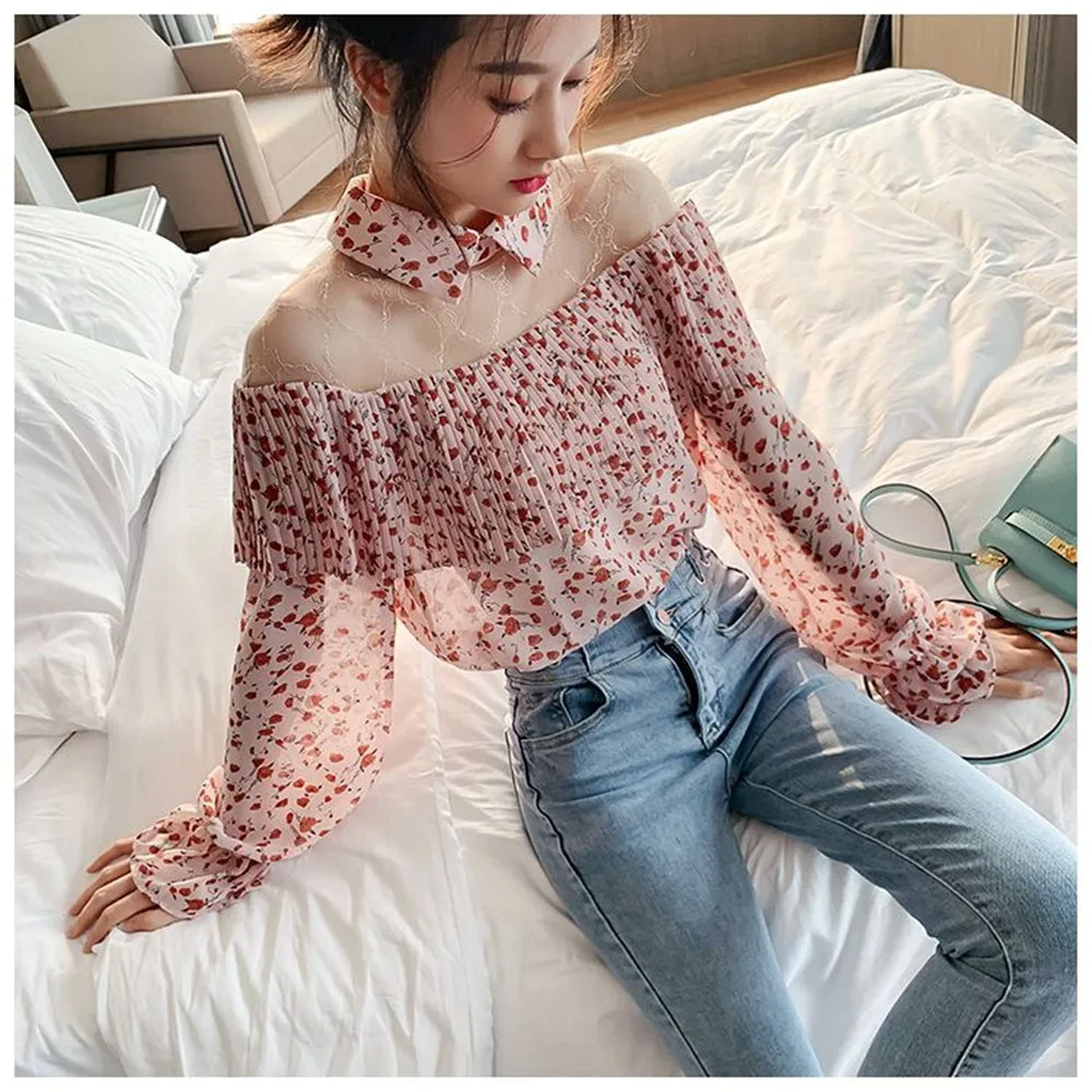 New Floral Chiffon Shirt 2024 Spring Summer Women Mesh Stitching Flounce Tops Vintage Blouse Korean Women Longsleeve T-Shirt 3XL