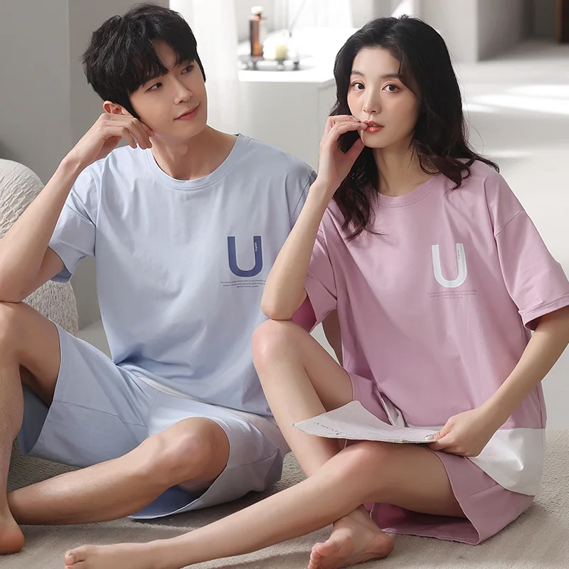 

2023 Korean Style Couple Pajamas Women's Summer Cotton Household Clothes Men Summer Shorts Pijamas Cartoon Cute Pjs For Youth