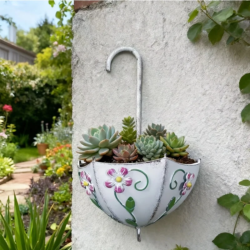 Iron Wall Hanging Planter Umbrella Shape Flower Pot for Succulents Plants Indoor Outdoor Garden Balcony Home Decoration