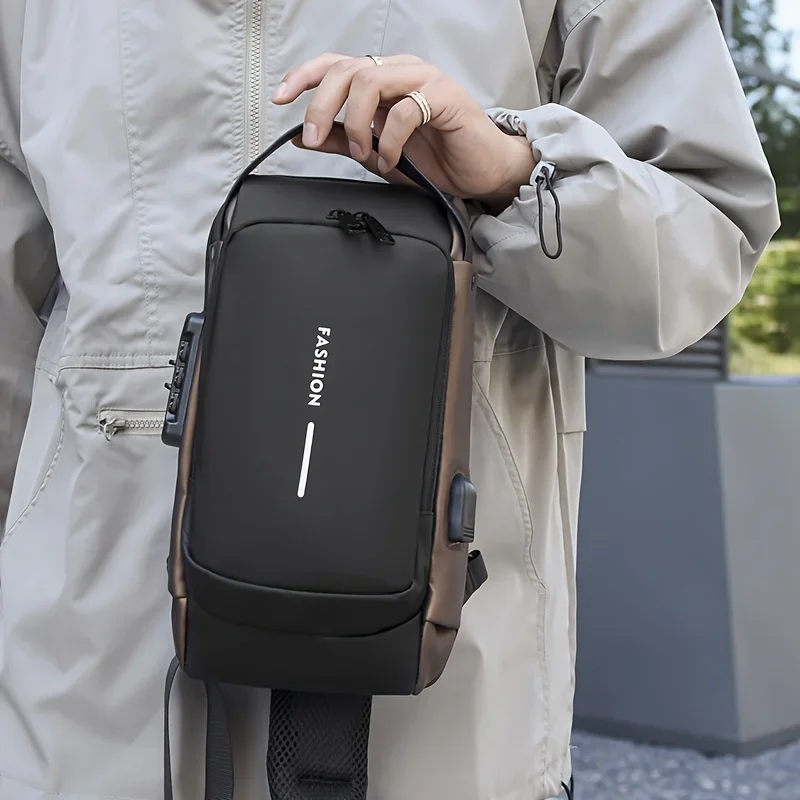 男性用防水盗難防止バックパック、USB充電スリングクロスボディバッグ、ビジネスや旅行に最適な耐久性のある大容量デザイン