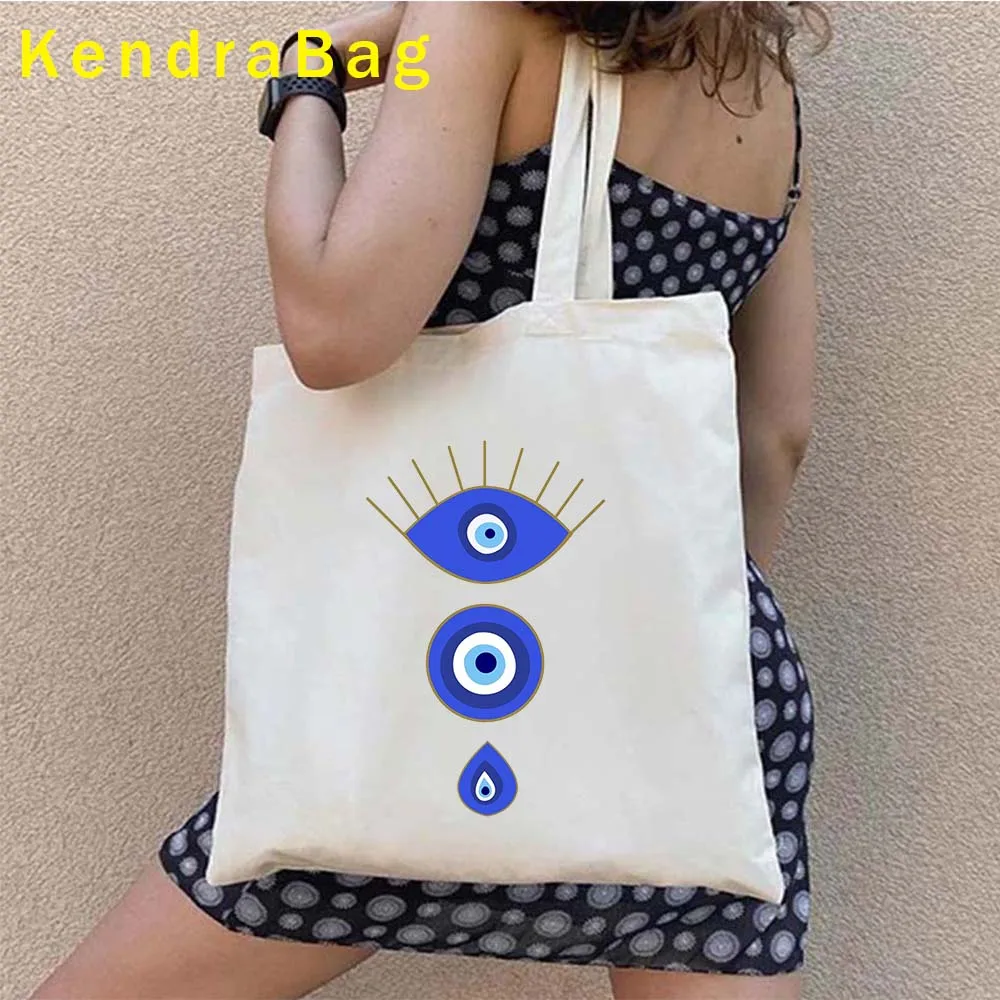 Magiczne greckie Mati niebieskie Evil Eye Amulet ochrona Nazar serce grecja kolorowe płótno torba na zakupy typu Tote kupująca bawełniana eko torebka