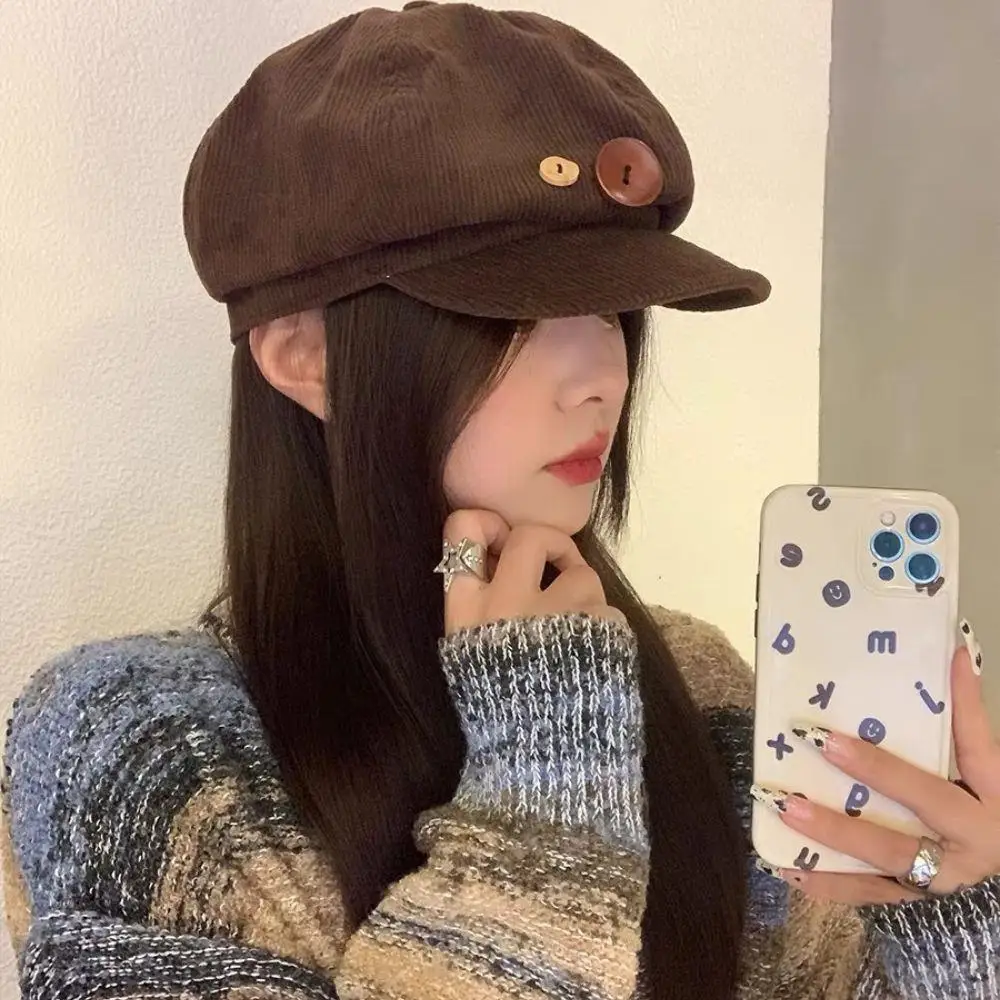 

Retro Button Corduroy Octagonal Cap Keep Warm Adjustable Octagonal Hat Beret Simple Casual Peaked Caps Autumn Winter Berets New