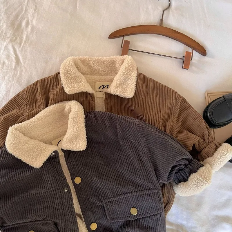 2026 Winter Children Corduroy Coat Plus Velvet Thick Boys Girls Turn-down Collar Jacket Baby Warm Fleece Tops Kids Clothes