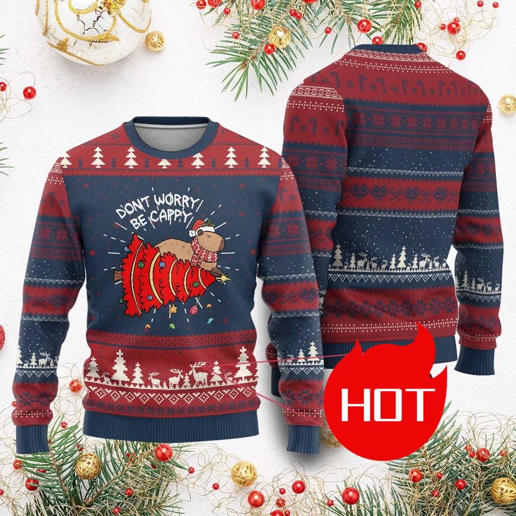 

2026 Capybara Xmas Tree Ugly Christmas Sweater Funny Capy Holidays Gift Xmas Graphic Pullover Sweatshirts Casual Mens Sweaters