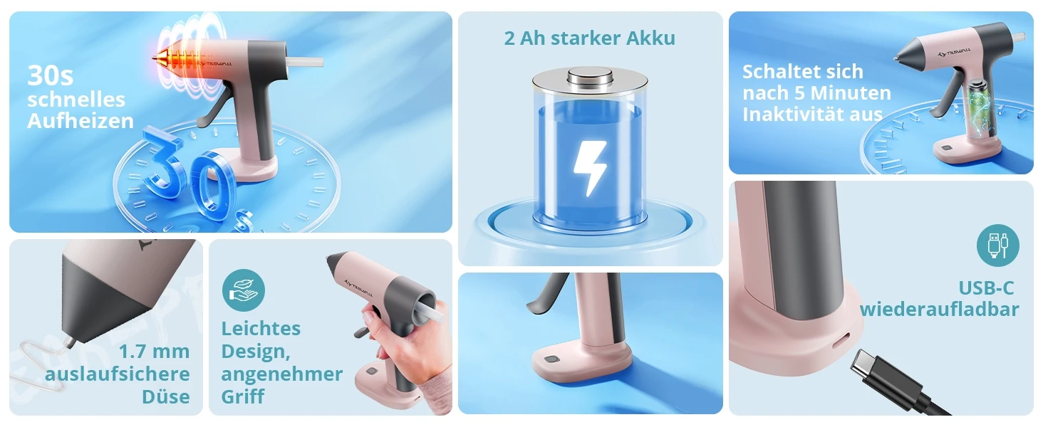 Gordless Heißklebepistole mit 2000-mAh-Akku, Typ-C-Ladefunktion, 20 Stück 7x140-mm-Klebestifte für DIY-Bastelarbeiten und schnelle Reparaturen. – Detail 6