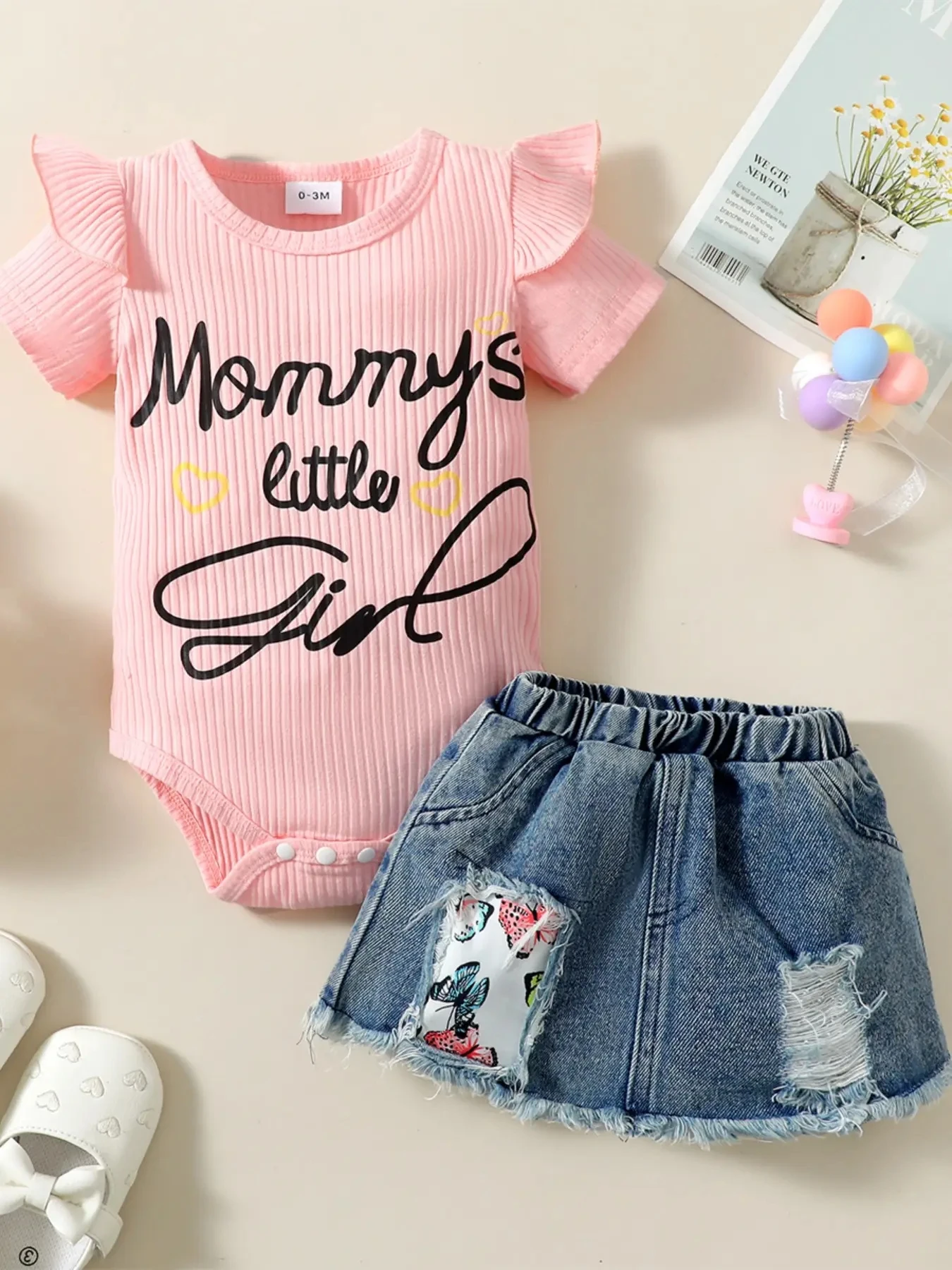 2024 new summer baby short sleeved jumpsuit+casual denim short skirt set