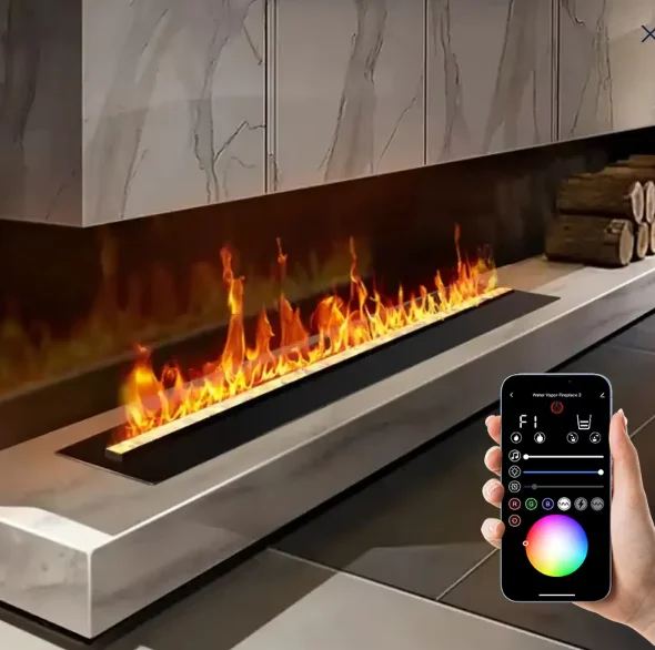 Modern 3D Electric Fireplace Steam Effect Wi-Fi Controlled English Operated Metal Material Free Standing Insert For Hotels