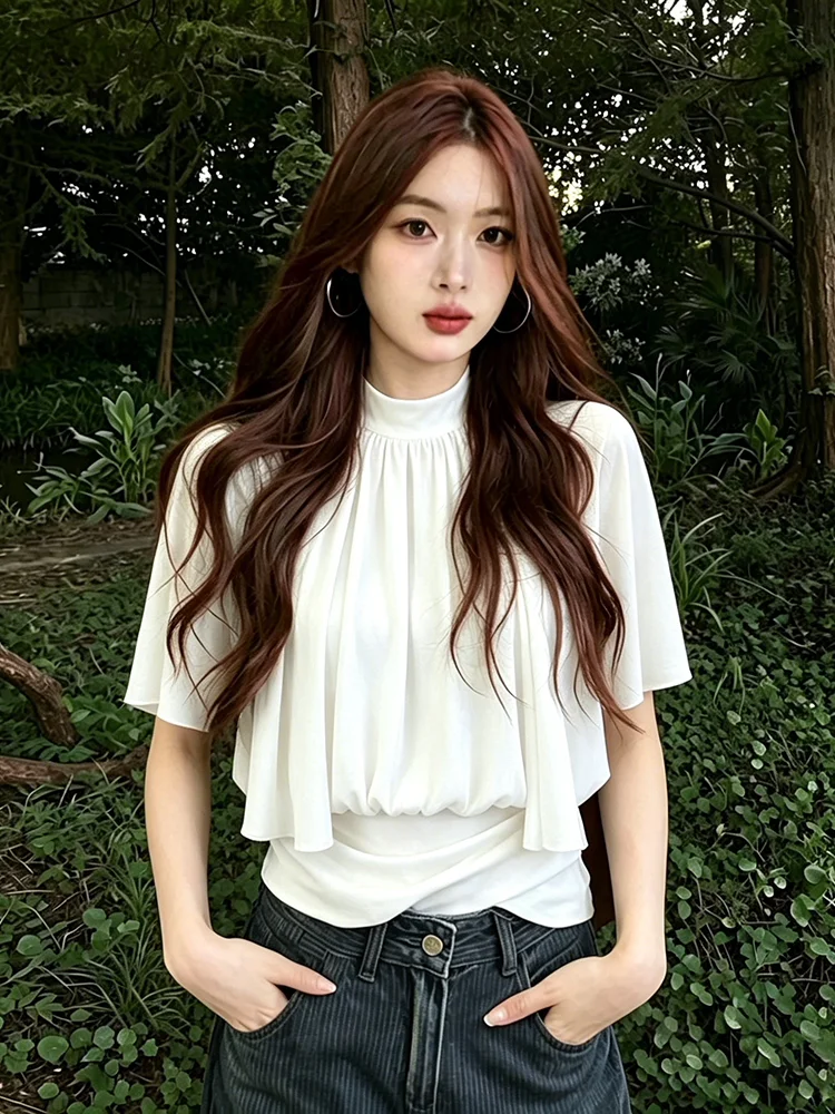 

Elegant Cape round Neck Faux Two-Piece Chiffon Top Women Summer New Style High-End Beautiful Small Shirt Fashionable Top