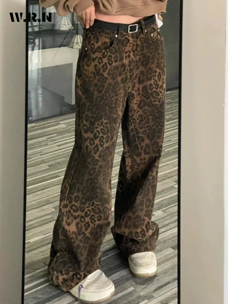 

Vintage Wide Leg Baggy Y2K 2000s Denim Trouser Fashion Women's Casual High Waist Pants High Street Leopard Print Straight Jeans