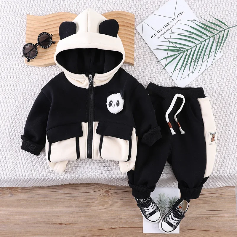 Winter Children Boy 2PCS Clothes Set Panda Ear Hooded Patch Outwear Coat Drawstring Sticker Baby Boy Outfit Kid Boy Suits