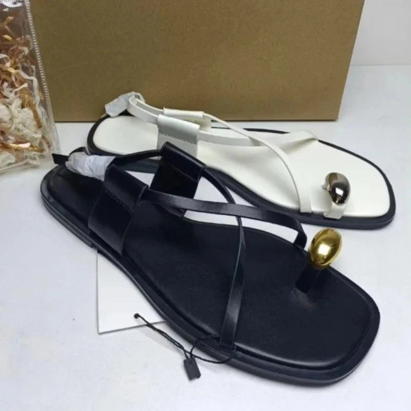 Cross Strap 2025 Summer Women's Flat Sandals Brand Designer Metal Decoration Ladies Footwear Casual Clip Toe White Beach Shoes - Image 4