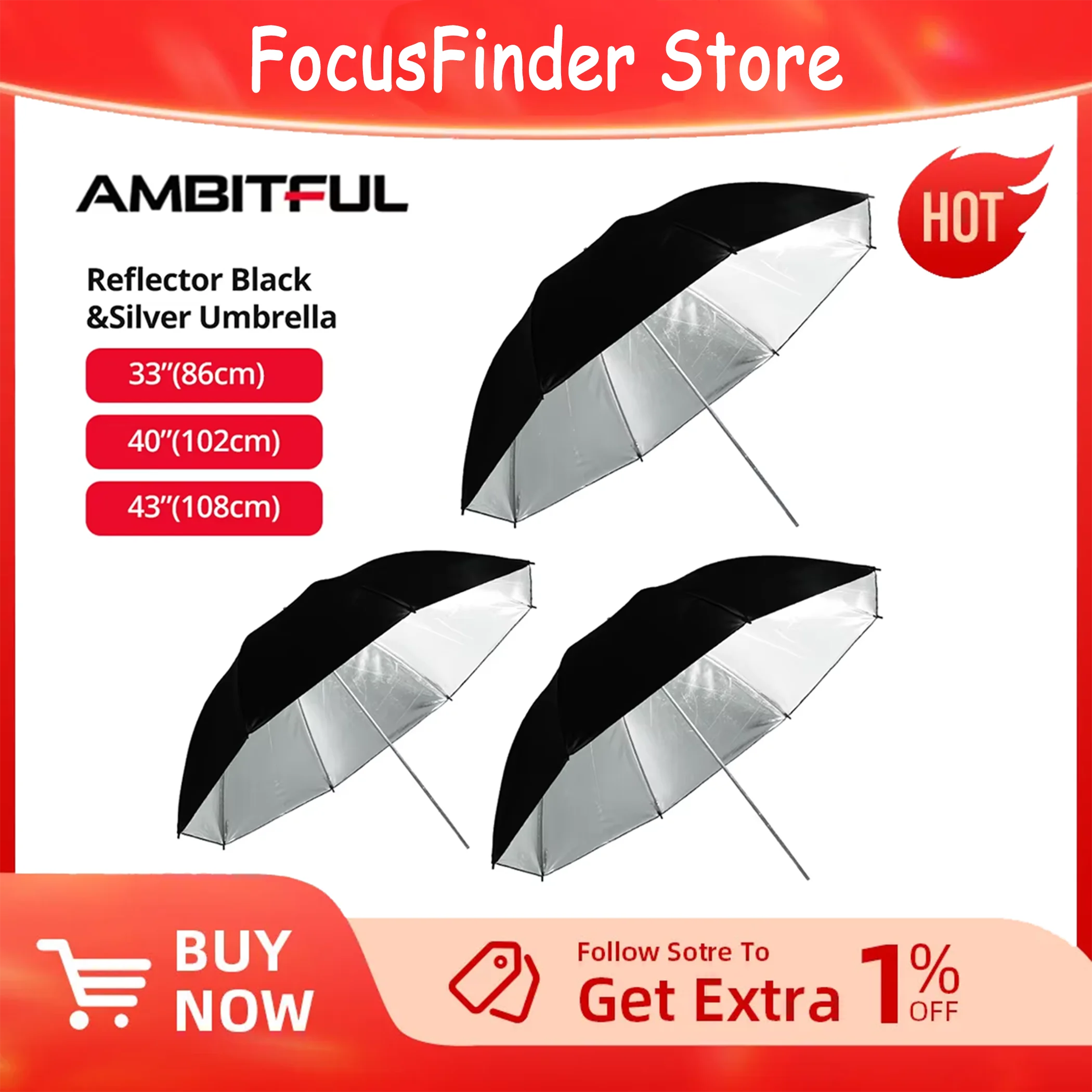 AMBITFUL-Réflecteur Parapluie pour Studio Photo, Éclairage Stroboscopique Flash, Moulage Noir et Argent, 33 ", 86cm, 40", 102cm, 43 ", 108cm