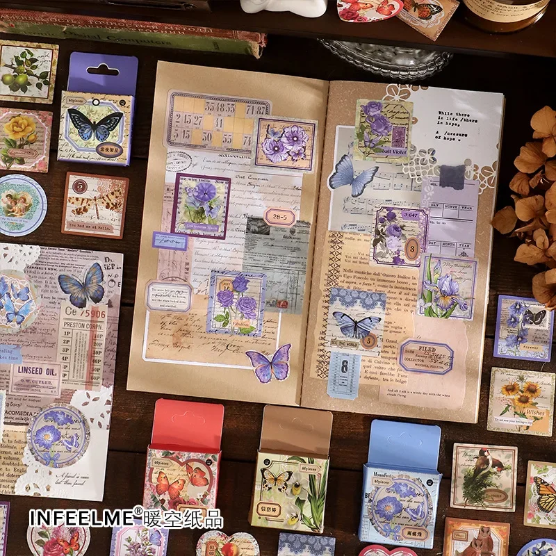 

46pcs/box Self-adhesive Mini Stickers Colorful Butterfly Fruits Retro Art Scrapbooking Journaling Decorative Seal Collages