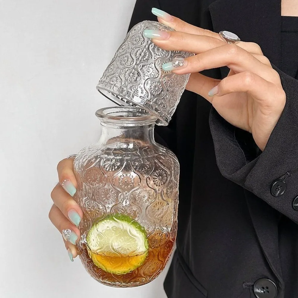 

Flower Glass Teapot Vintage Water Cold Kettle Juice Glass Coffee Cup Water Glass Set Bedside Night Carafe for Midnight Drink