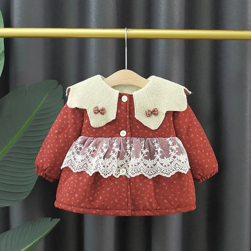 Cotton Coat Doll Collar Lace Spliced Fleece Lined Jacket 3 Color Winter Baby Girl 80-120cm Kids Warm Outerwear