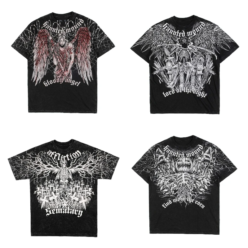 

Y2K Retro Punk T Shirt Printing Skull Angel Tee Hip Hop Cartoon Gothic Trendy Streetwear Oversized Men Women Short Sleeve Tops