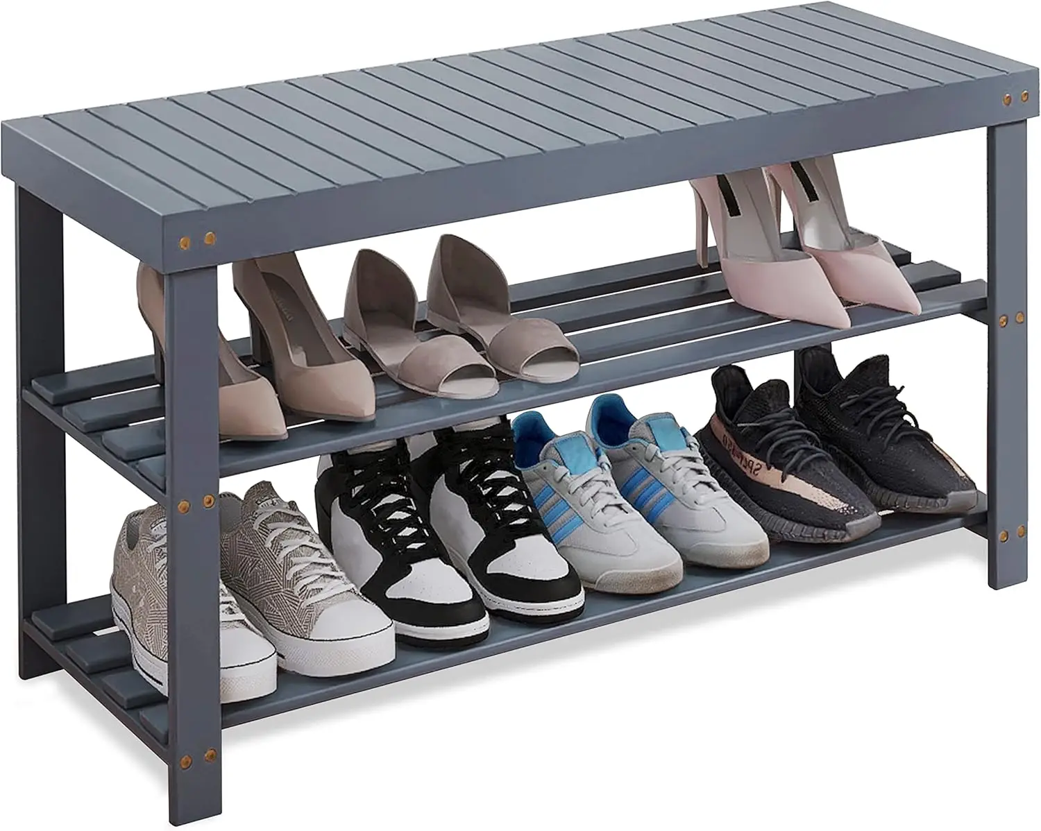 

Bamboo Shoe Rack Bench, 3-Tier Shoe Organizer Storage Shelf for Entryway Hallway Bathroom Living Room (Grey)