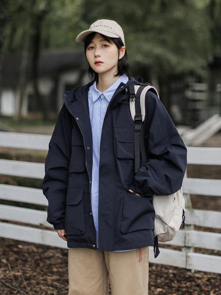 Street Style Women's Workwear Jacket Multi-Pocket Waterproof Outdoor Spring Early Season Hooded Cardigan Trendy Long Sleeve Z...