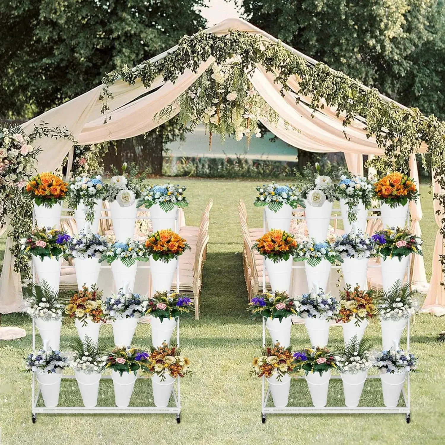 4 Tier Flower Display Stand with 16 Buckets 4 Layer  Stand with Wheels Movable Plant Display Stand Heavy Duty Moving