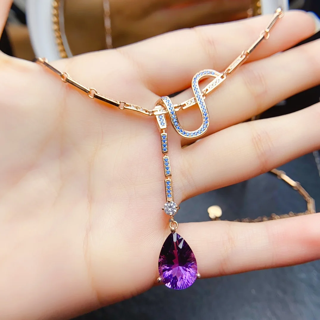 

FS S925 Sterling Silver 10*14 Natural Amethyst Pendant Necklace Fine Fashion for Women Charm Wedding Jewelry Certificate MeiBaPJ