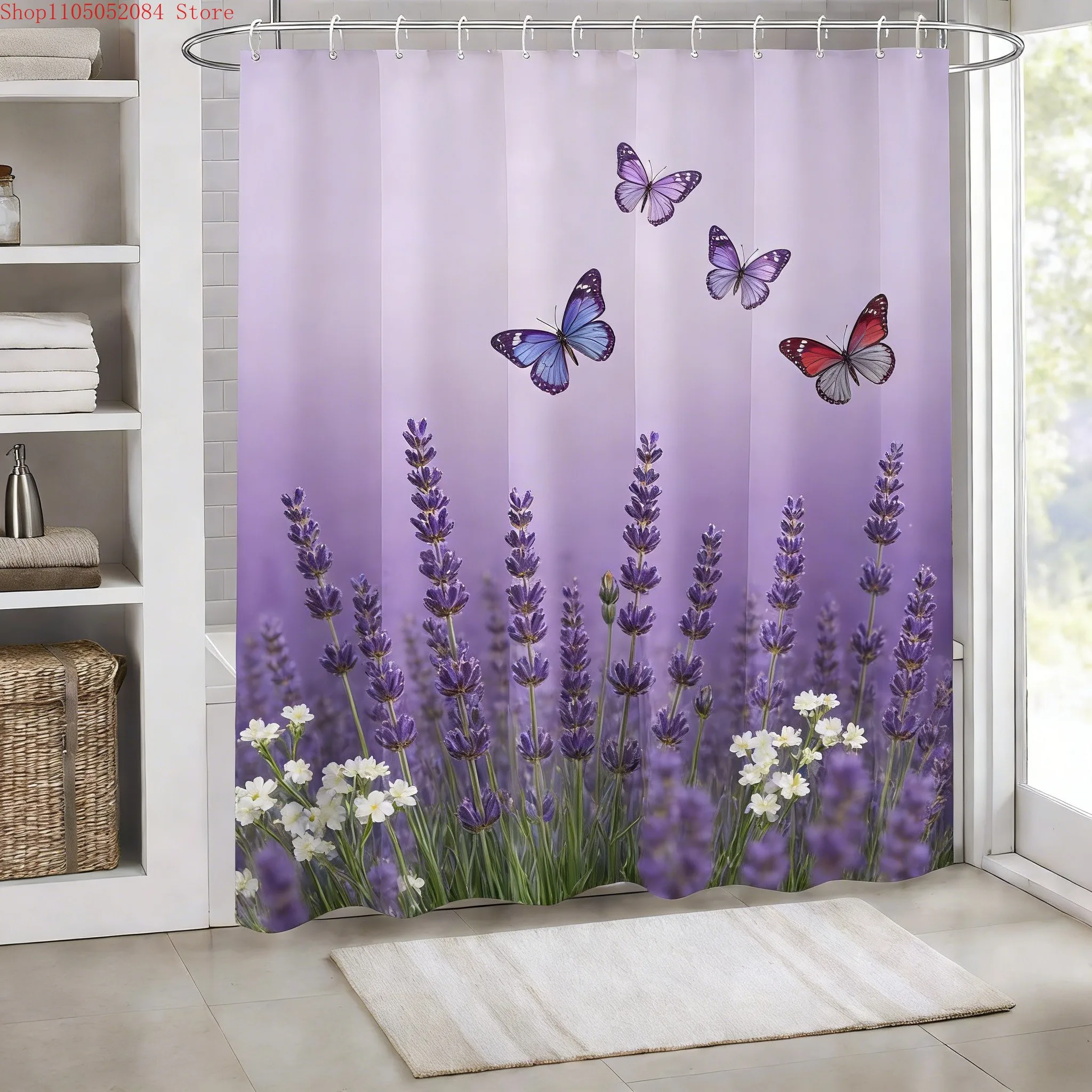 Wasserdichter Duschvorhang mit Lavendel- und Schmetterlingsdruck für Badezimmerdekoration