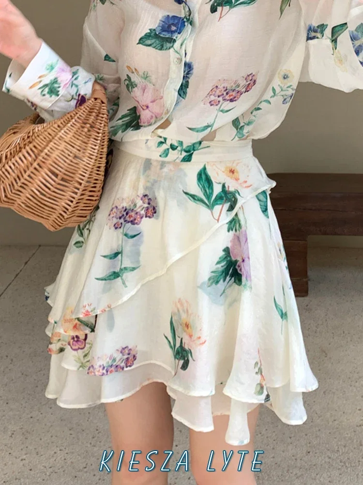 Fashionable Beach Mini Skirt 2024 Summer Layered Ruffled Hem Floral Print Elegant Rayon Short Skirts for women