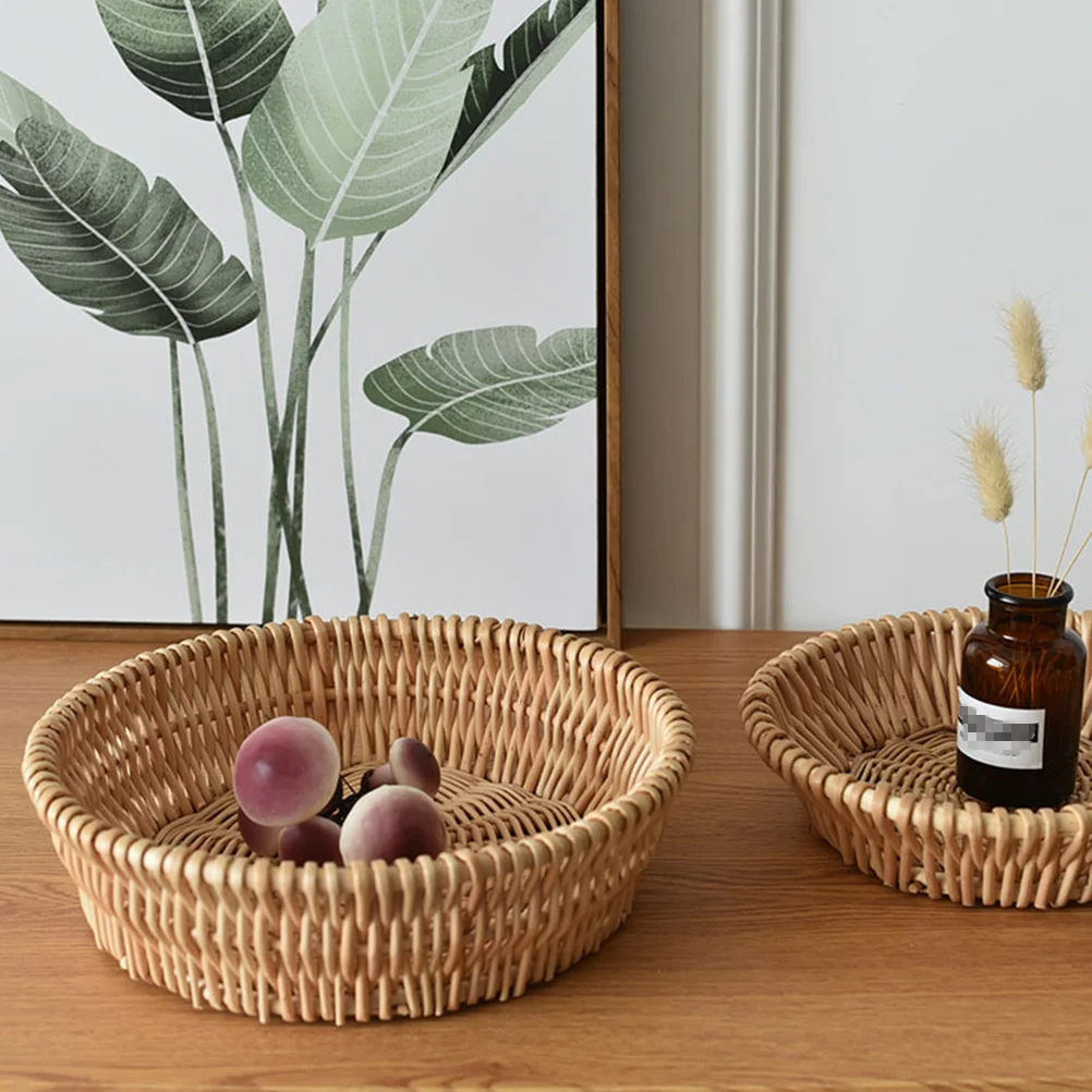 

1pc Wicker Basket Hand-Woven Storage Container Natural Fruit Basket Desktop Steamed Bread Organizer Home Decoration Khaki