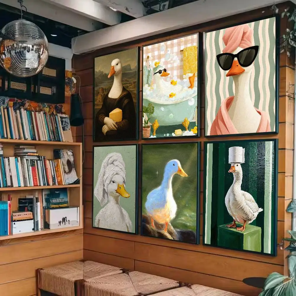 Funny Duck Portrait Art Poster Cute Goose in Bathrobe Sunglasses Vintage Oil Painting Style Bedroom Decor