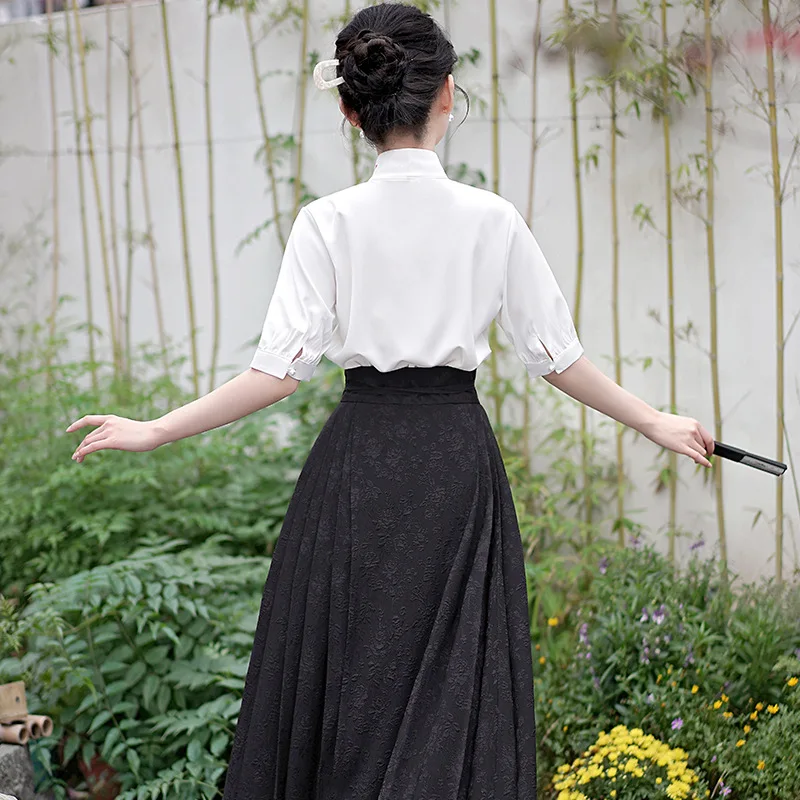 تنورة وجه حصان هانفو للسيدات جديدة لعام 2025 زي هانفو الصيني التقليدي بياقة واقفة تنورة كلاسيكية بطيات باللون الأسود #5