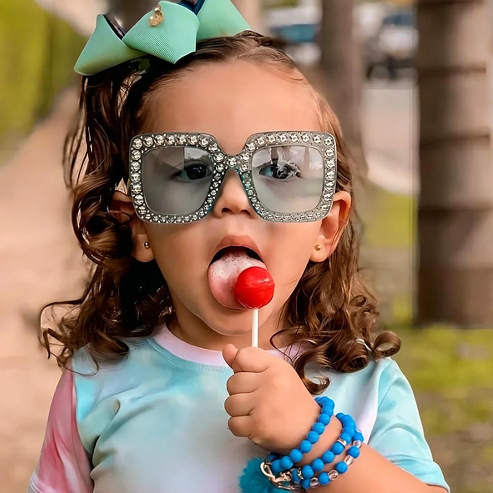 Luxury Bling Rhinestone Kids Sunglasses Girl Boy Square Frame Crystal Sun Glasses Children Gradient Lens Party Fashion Eyewear