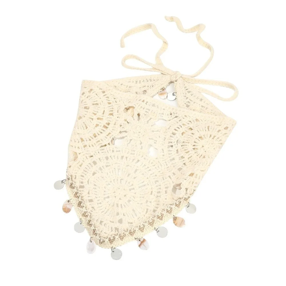 Seashell Tassel Triangle Scarf Headband Ethnic Light Luxury Crochet Head Wrap Elegant Polyester Hollow Out Headscarf Summer Wear
