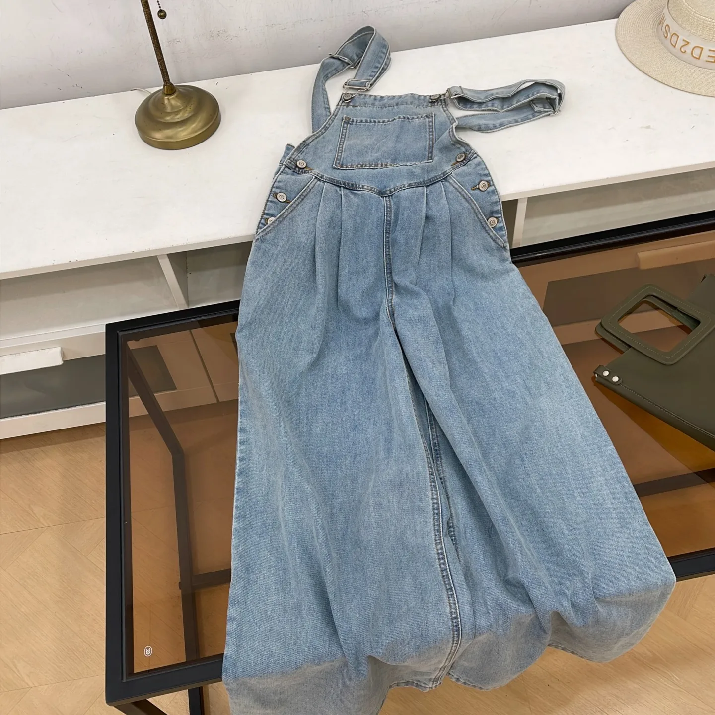 American Style Wide Leg Denim Overalls Pure Color Summer Casual High Waist Women's Long Pants Retro New Model G10