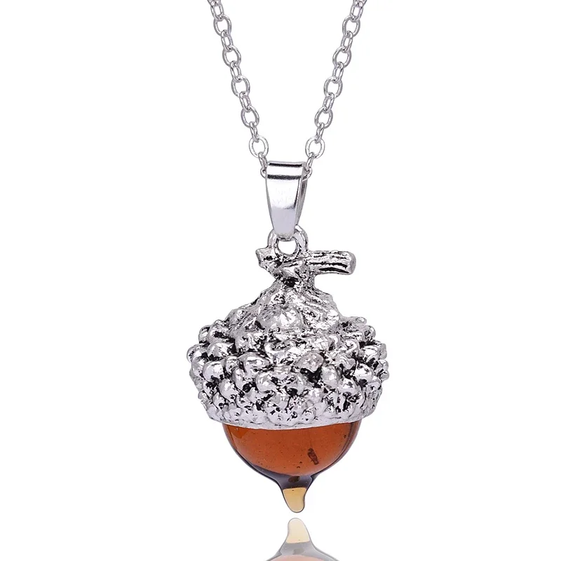 SEDmart Women Glaze Stone Necklace Orange Quartz Pine Cone Acorn Design Pendant Drop Crystal Glass Stone Necklace Jewelry