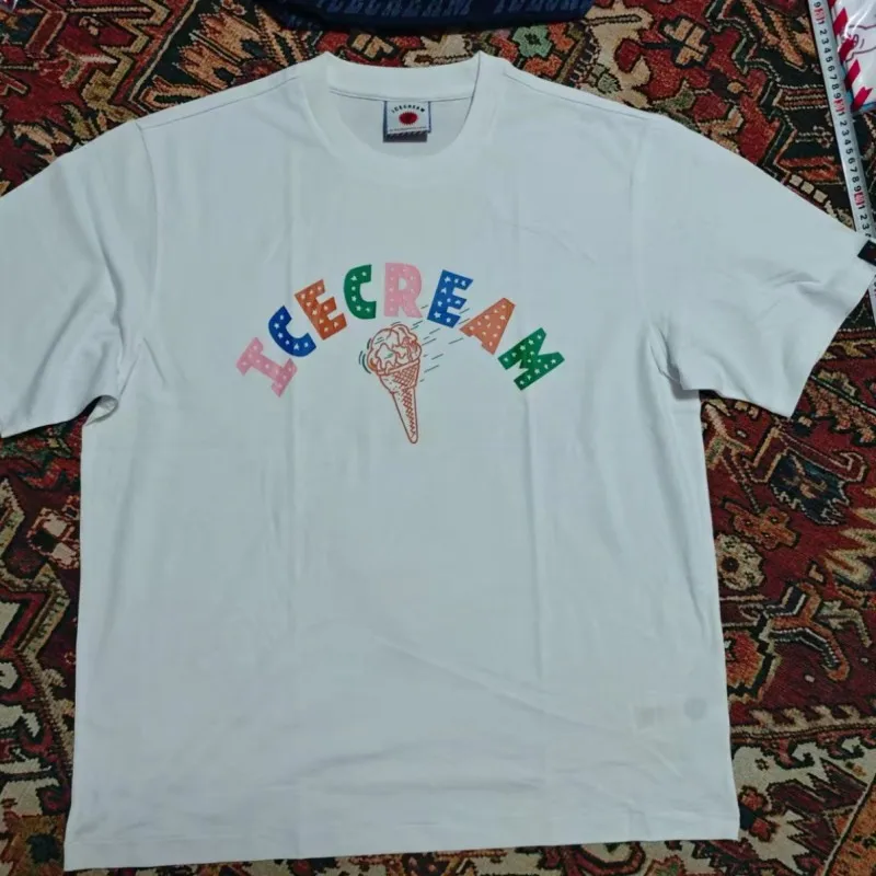 

Rainbow Letter Logo Cartoon ICECREAM Tshirts Men Women Fashion Streetwear Looser Cotton Round Neck Short Sleeve Top Tees