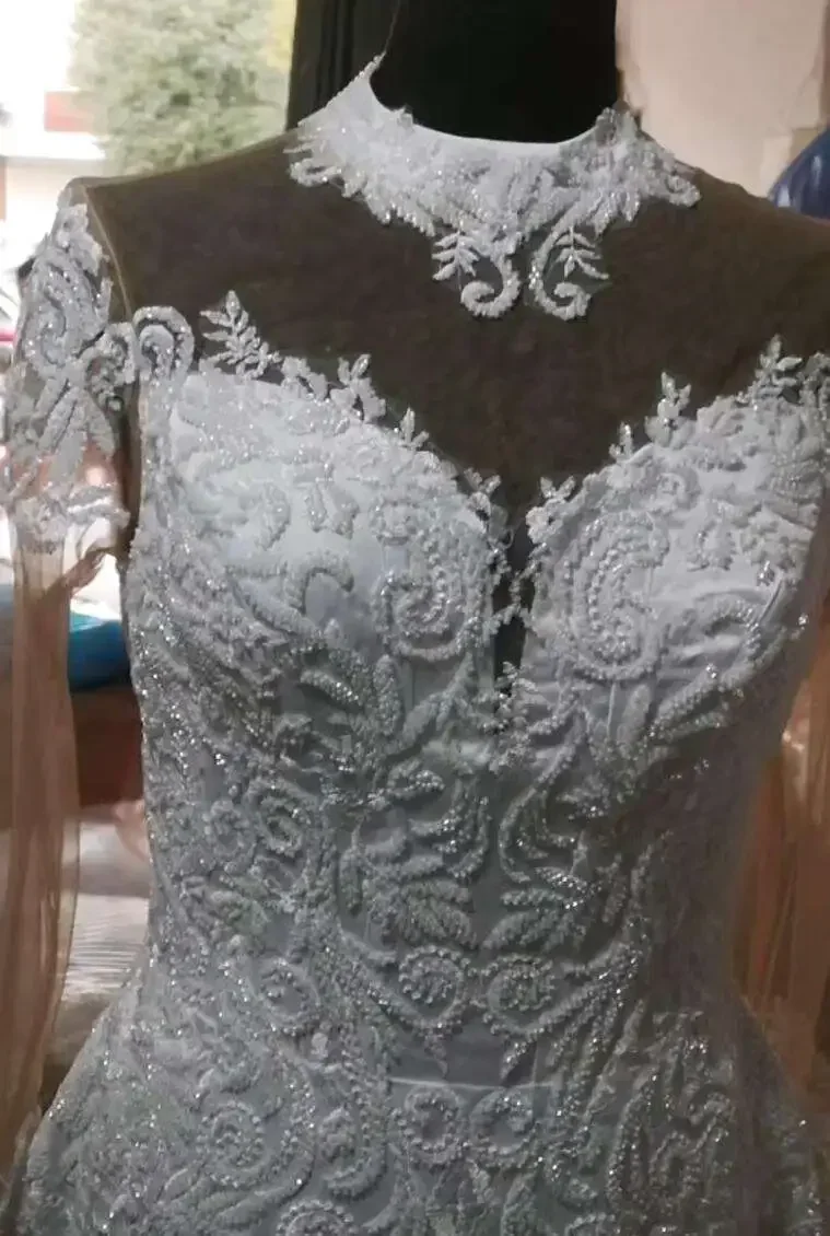 Suknie Ślubne Syrena z Koralikami i Aplikacjami na Zamówienie, Suknia Ślubna Robe De Mariee, Afrykański Gorset z Iluzją na Plecach, Długie Rękawy