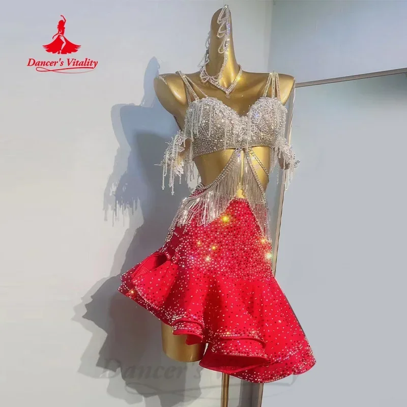 Latin Dance Performance Set High-end Custom Full Diamond Tassel Top+Sexy Fishtail Skirt 2pcs Adult and Child Competition Clothes