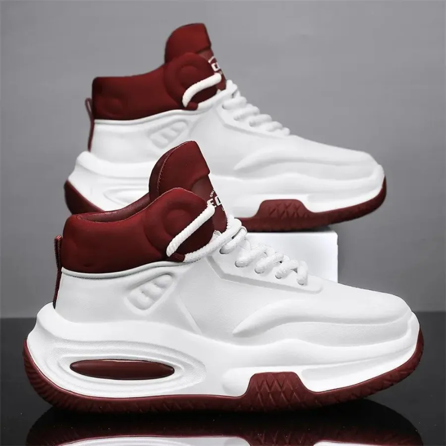 

Men'S Chunky Platform Sneakers - Thick Sole Height-Increasing Shoes Lace-Up Closure Non-Slip Rubber Outsole - White and Burgund