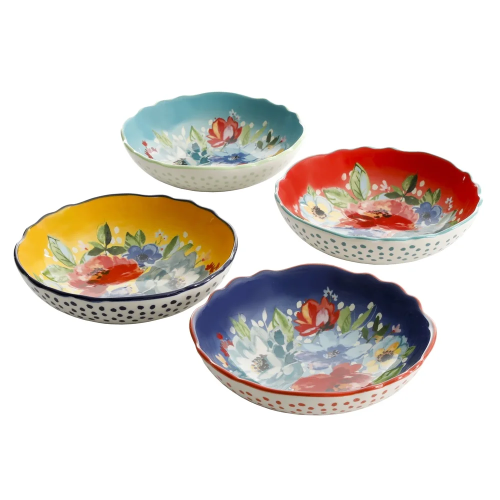 

4-Piece Vintage Floral Pasta Bowl Set Durable Stoneware Microwave Dishwasher Safe 7.5-Inch Diameter Colorful Scalloped Rims