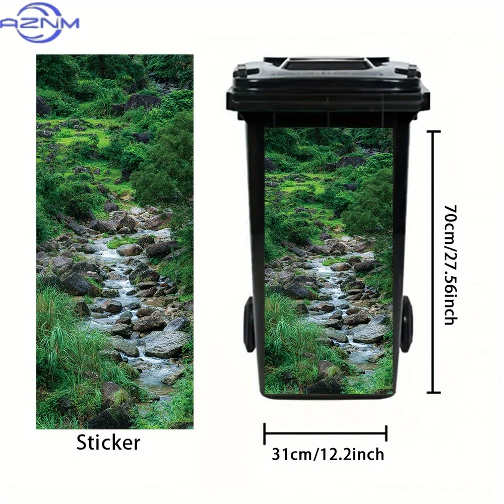 1pc Forest Stream Waterfall Trash Can Sticker - Waterproof PVC Decal with Lush Greenery & Flowing Water Design, Self-Adhesive