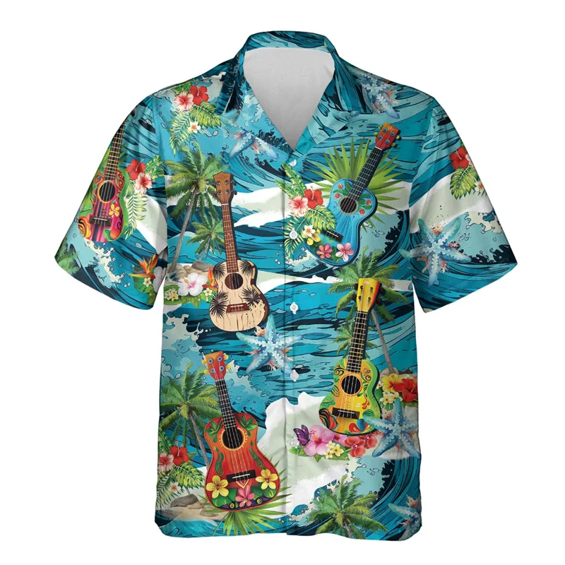 

3D Printed Fashion Ukulele Hawaiian Shirt For Men Musical Instrument Pattern Aloha Shirts Summer Loose Blouses Street Lapel Tops