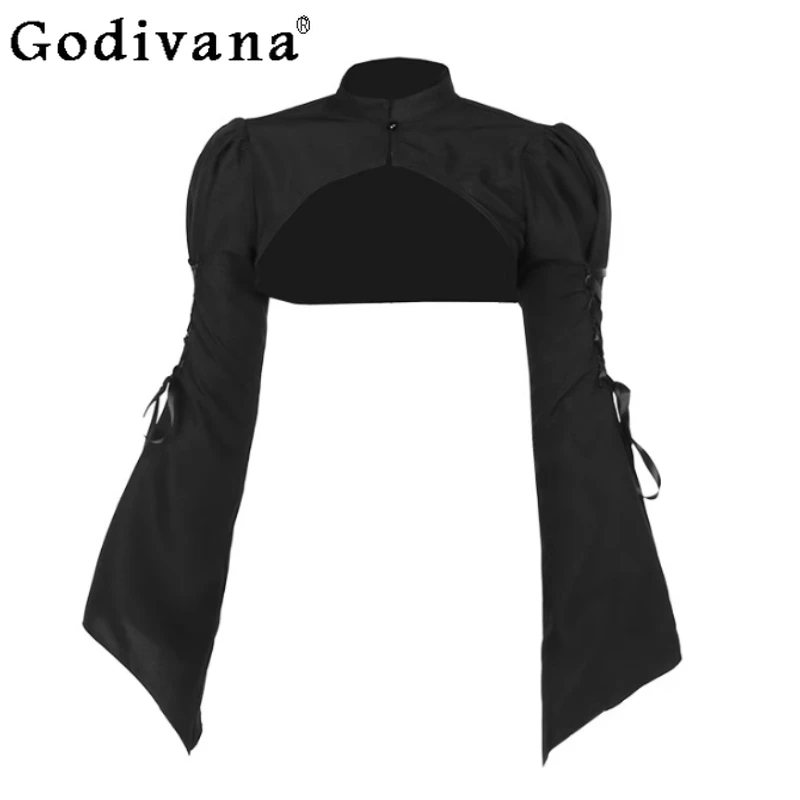 

Halloween Spring Autumn Dark Long Flare Sleeve Retro Top Personalized Stand-up Collar Fashion Street Women Super Short Blouse