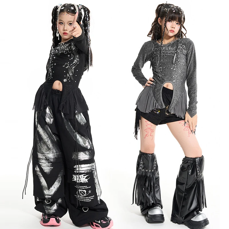 Kids Jazz Dance Costume Girls Hip Hop Clothing Group Competition Kpop Outfit Children Ballroom Dance Performance Wear XS12041