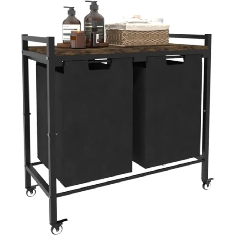 

12 x 2 Gal Large Laundry Hamper with Wheels, 2 Pull-Out and Removable Sorter Bags, Freestanding Clothes Basket Organizer for Cl
