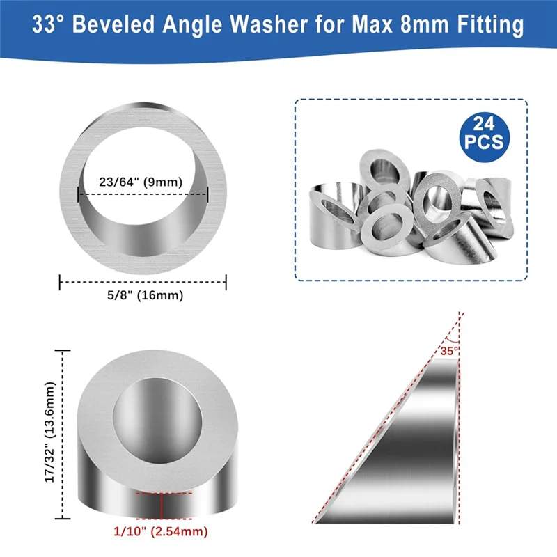 A08F-24Pack Beveled Angle Washers 9Mm, 33° Handrail Angle Washer Max For 8Mm Cable Railing Hardware Kit, For Stair Deck Metal